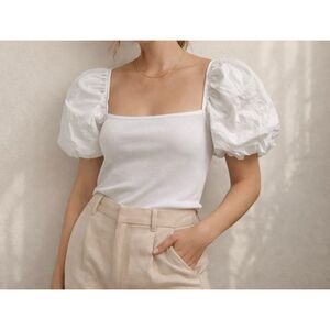 Zara White Puff Sleeve Crop Top Size L Ribbed Cottagecore